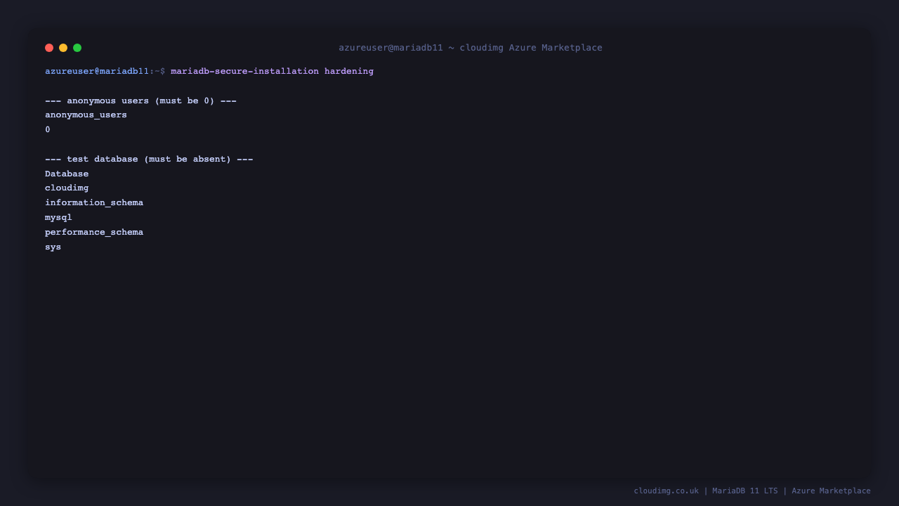 Hardening applied at firstboot — 0 anonymous users, no test database, remote root login disabled