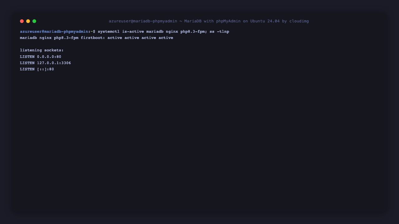 The mariadb, nginx, php8.3-fpm and mariadb-phpmyadmin-firstboot services active, with nginx on port 80 and MariaDB bound to loopback 127.0.0.1:3306