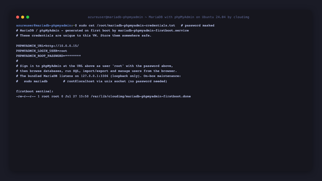 The per VM MariaDB credentials file, showing the login user root, the generated password and the phpMyAdmin URL