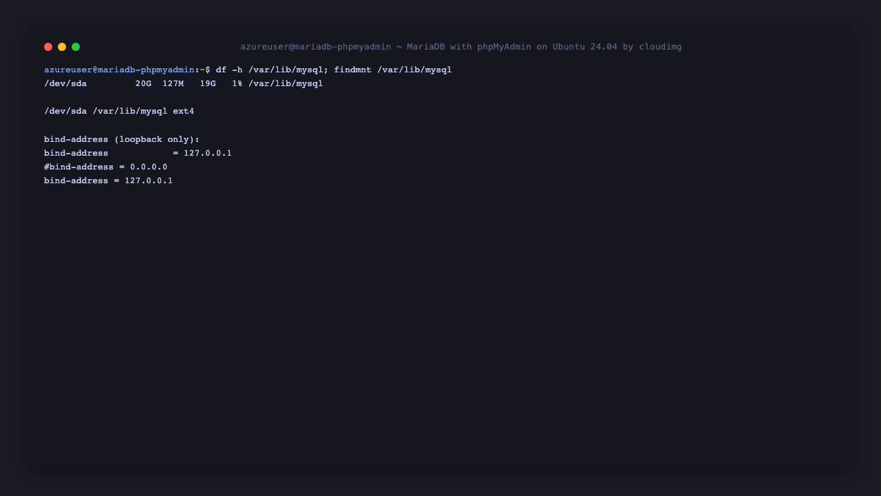 The MariaDB datadir on the dedicated ext4 data disk mounted at /var/lib/mysql