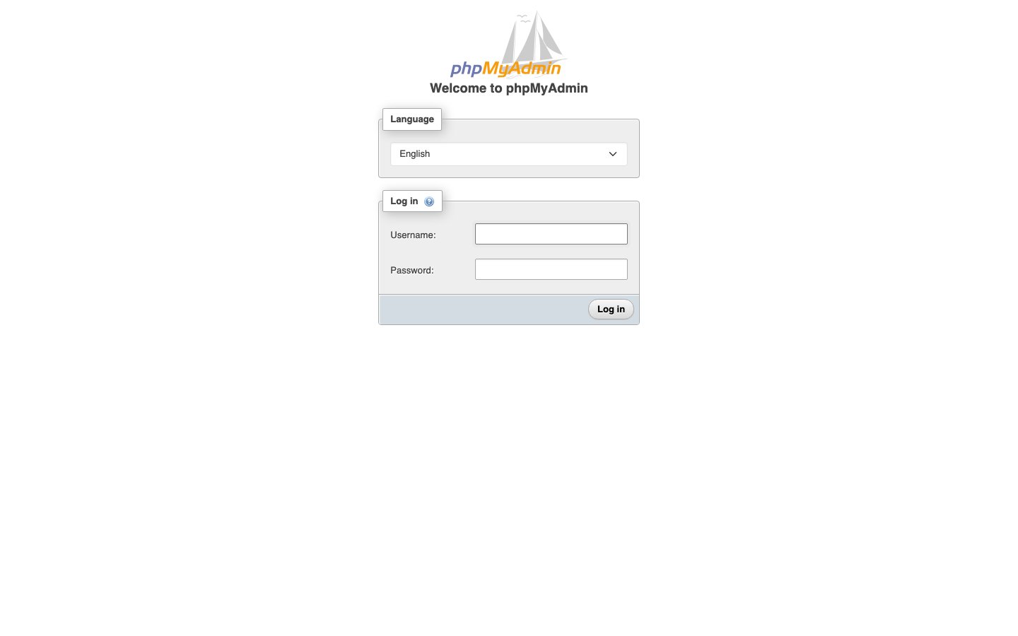 The phpMyAdmin login page with the language selector, the Username and Password fields and the Log in button
