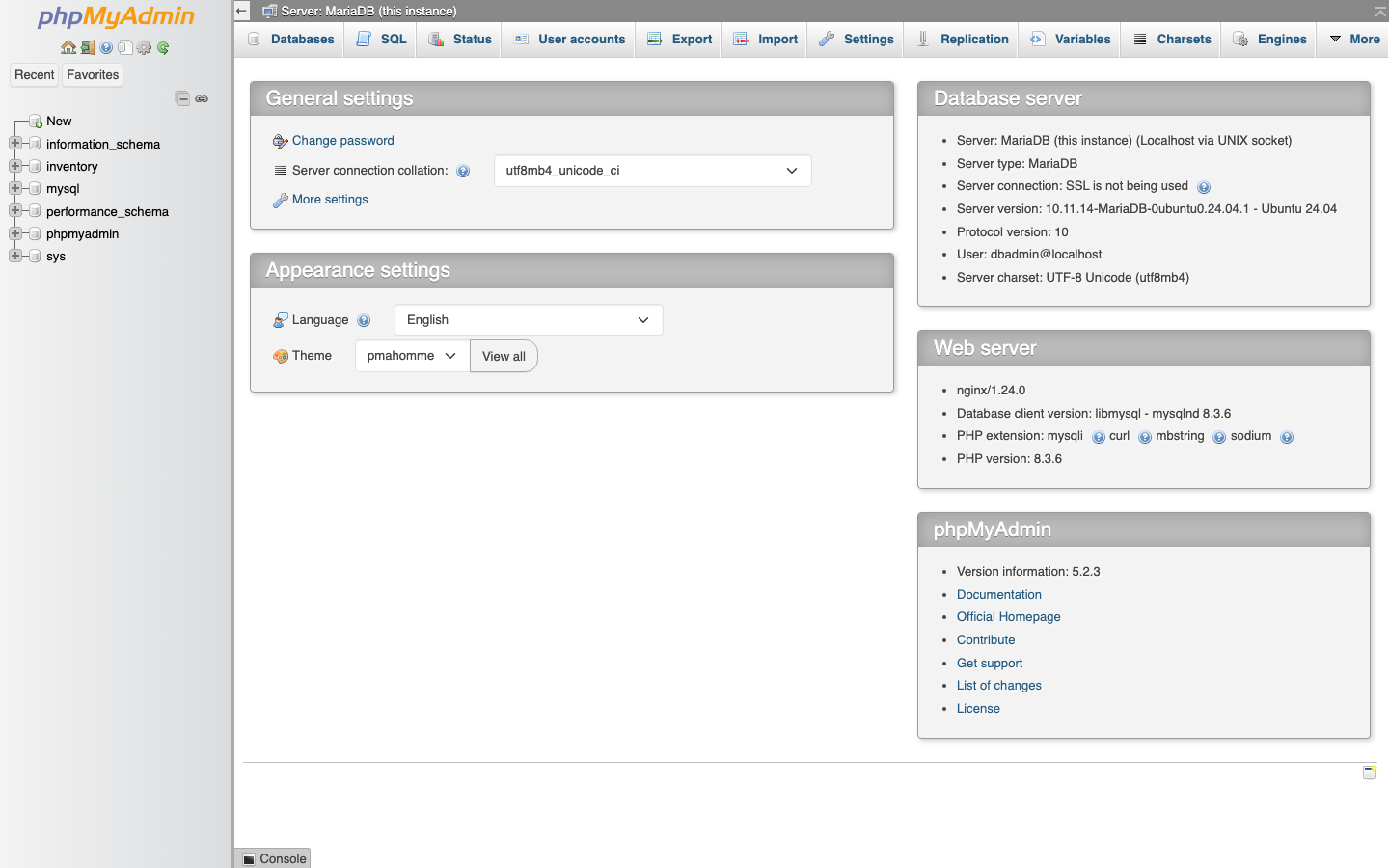 The phpMyAdmin home page with General settings, Appearance settings, the Database server panel showing MariaDB 10.11.14 and user dbadmin@localhost, the Web server panel and phpMyAdmin version 5.2.3