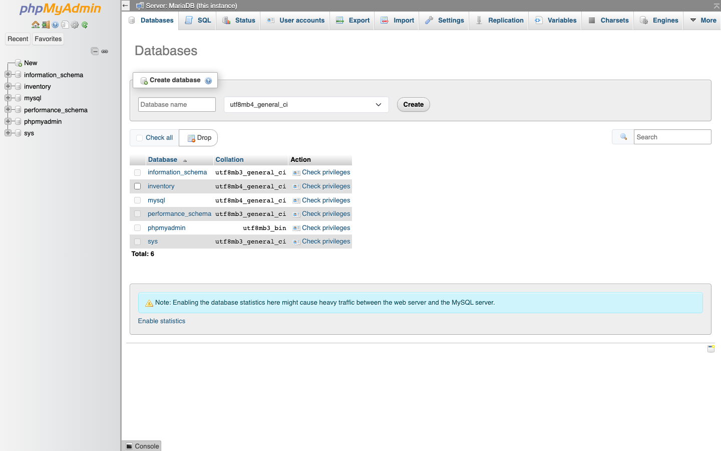 The Databases page with the Create database form and the list of databases with their collations