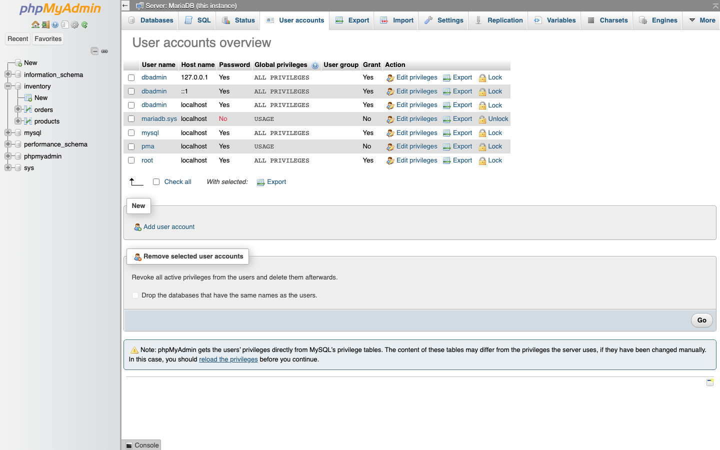 The User accounts overview listing dbadmin for localhost, 127.0.0.1 and ::1, mariadb.sys, mysql, pma and root, with Edit privileges, Export and Lock actions