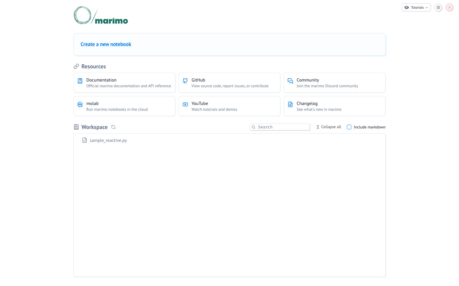 The marimo notebook file browser listing the workspace