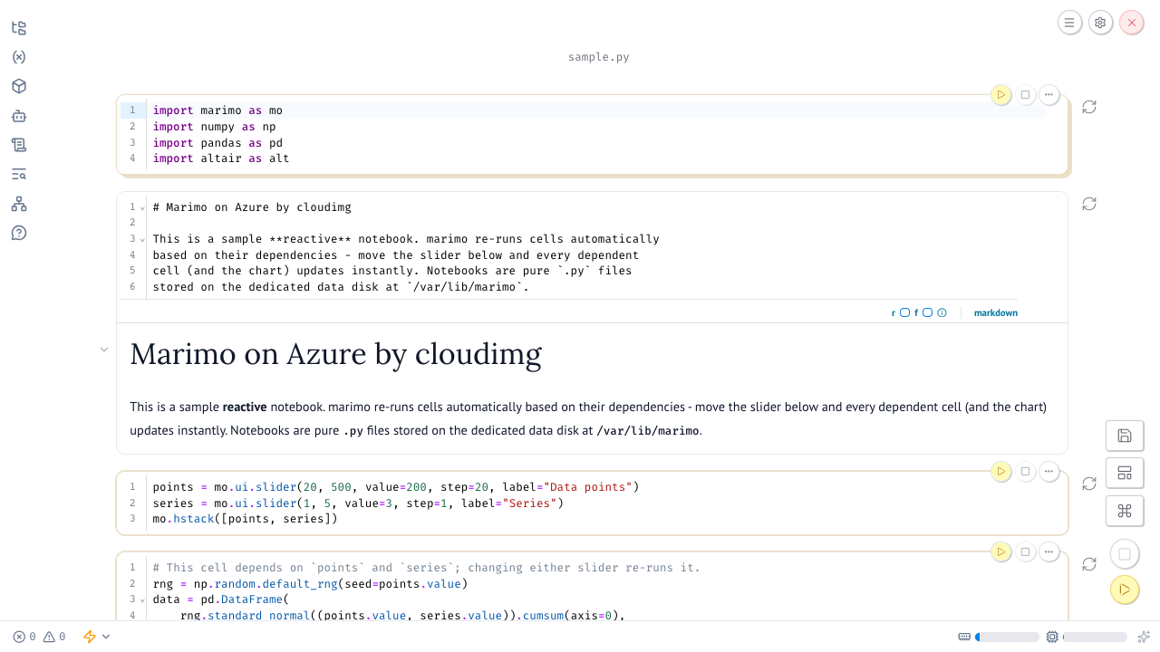 marimo reactive notebook editor showing the sample notebook cells