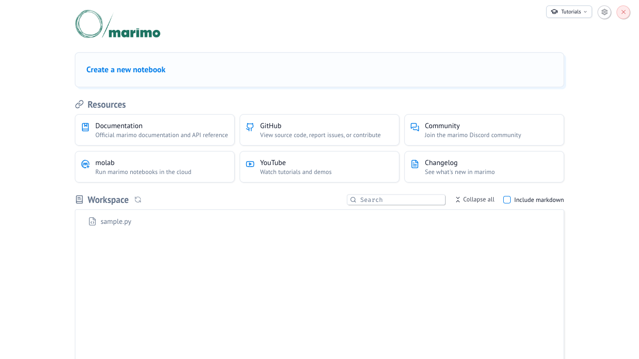 marimo home page listing the notebooks on the dedicated data disk