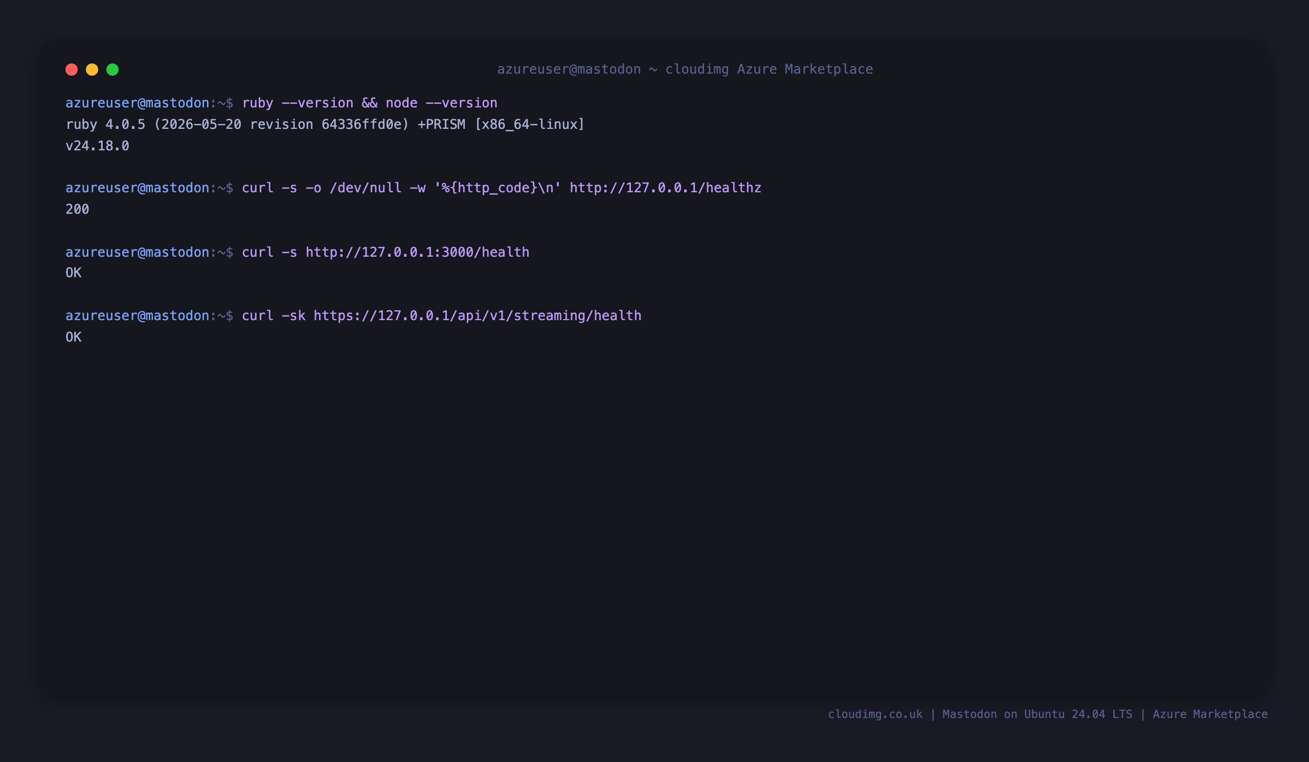 Mastodon component versions and the health endpoints returning OK