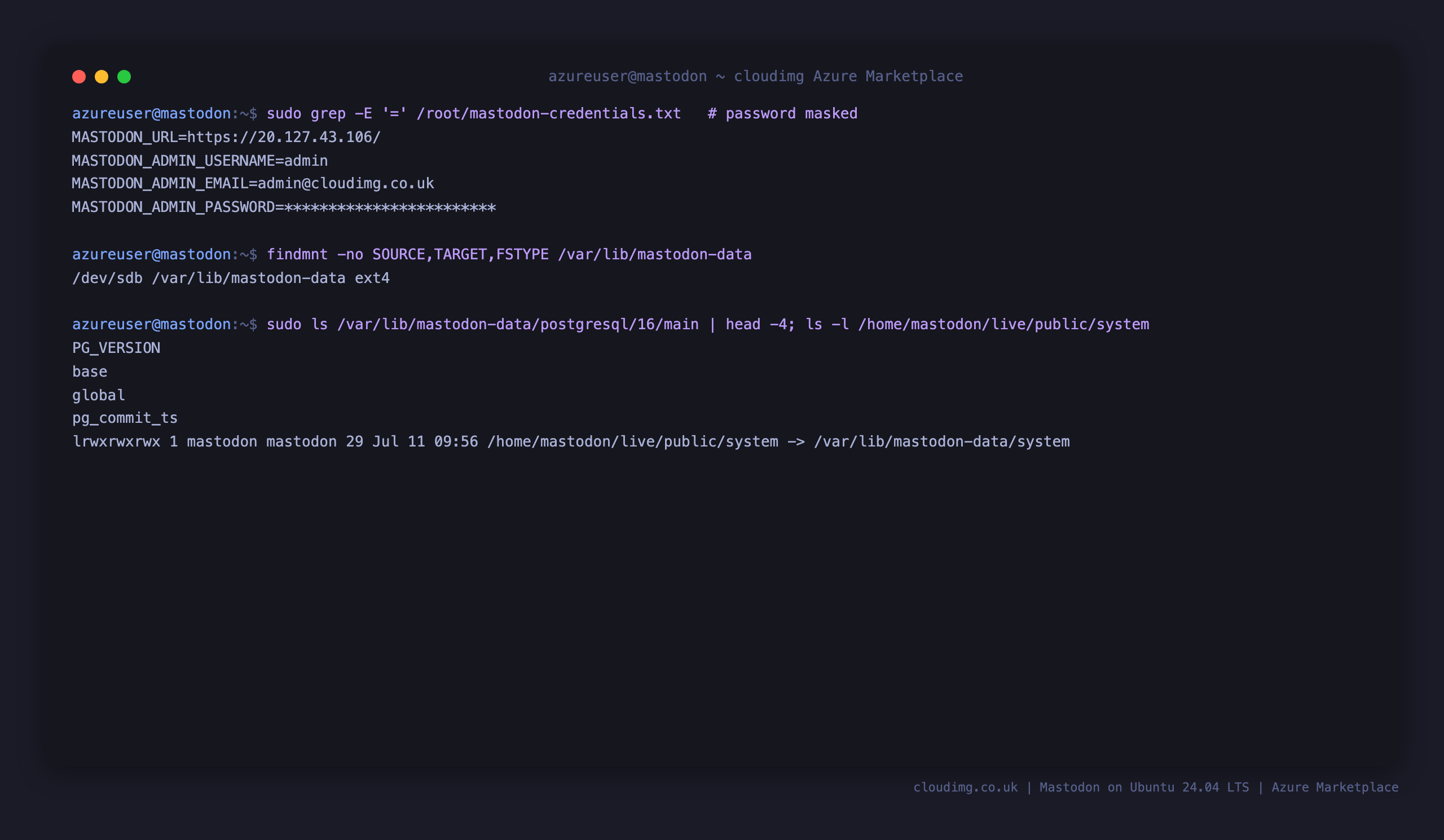 The per-VM Mastodon credentials file (password masked) and the data disk holding PostgreSQL and media