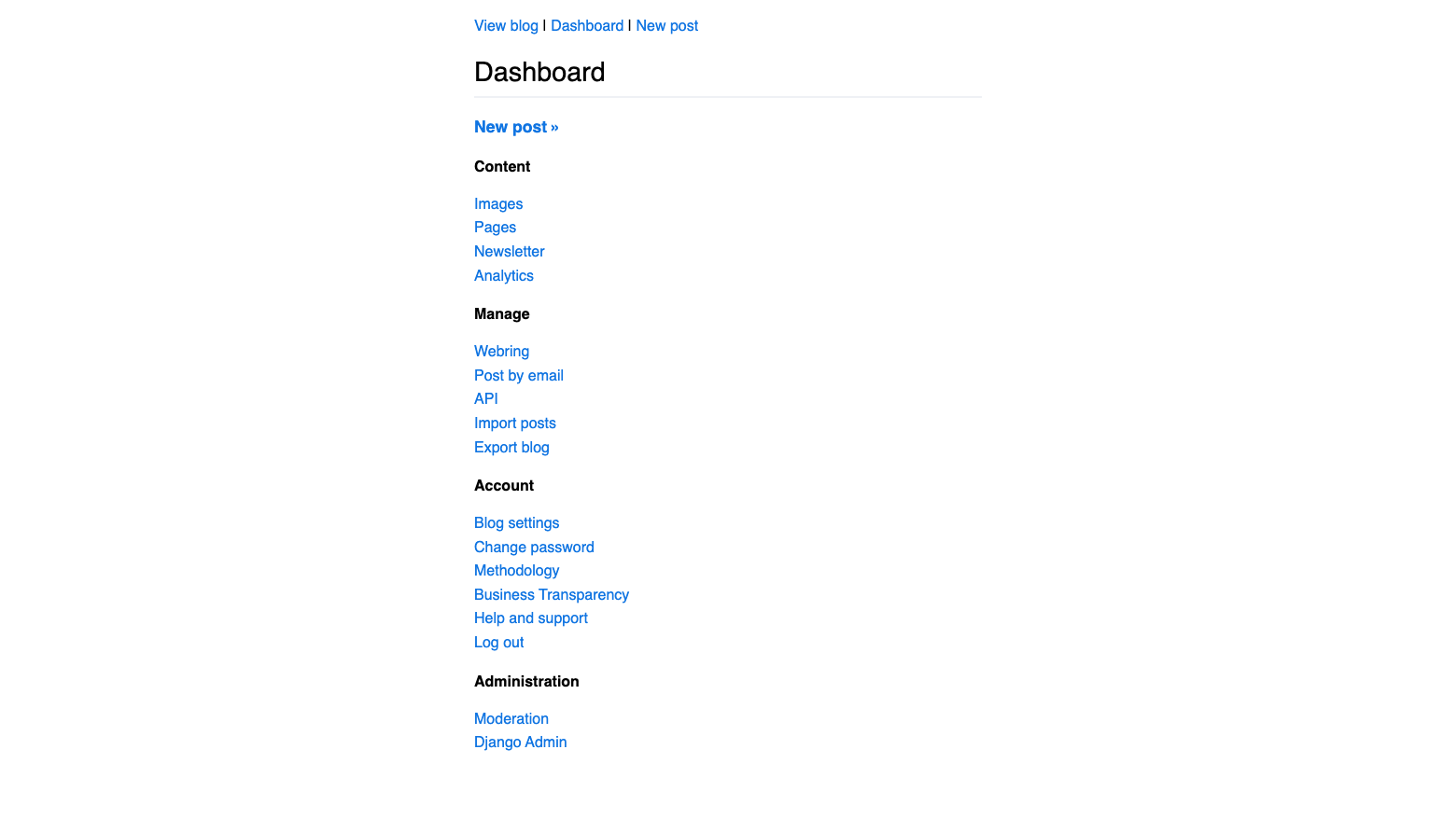 The Mataroa dashboard with links to write a new post, manage images, pages, the newsletter and analytics, import and export, and the blog settings