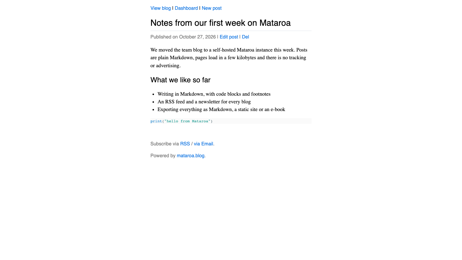 A published Mataroa post with its heading, a bulleted list and a highlighted code block