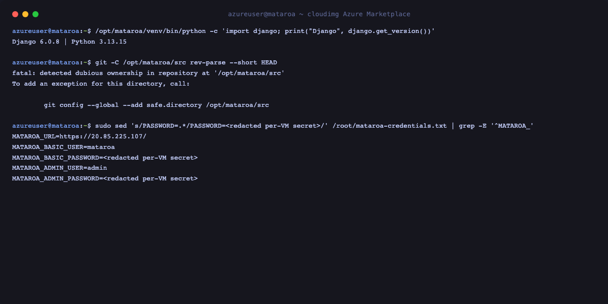 The per-VM mataroa-credentials.txt showing the site URL, the Basic Auth username and the admin username, with all passwords redacted, alongside the baked Django and Python versions and the pinned Mataroa source commit