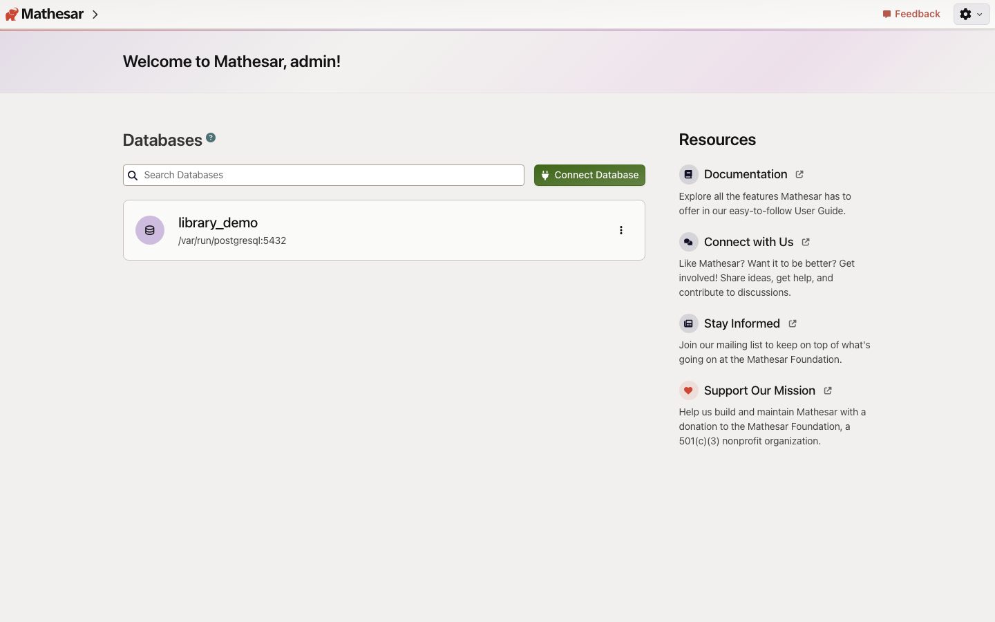 The Mathesar home page with one database, library_demo, on the instance's own PostgreSQL socket