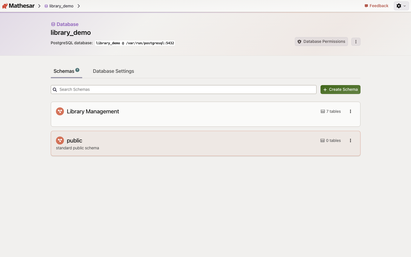The library_demo database with the Library Management schema of seven tables and the public schema
