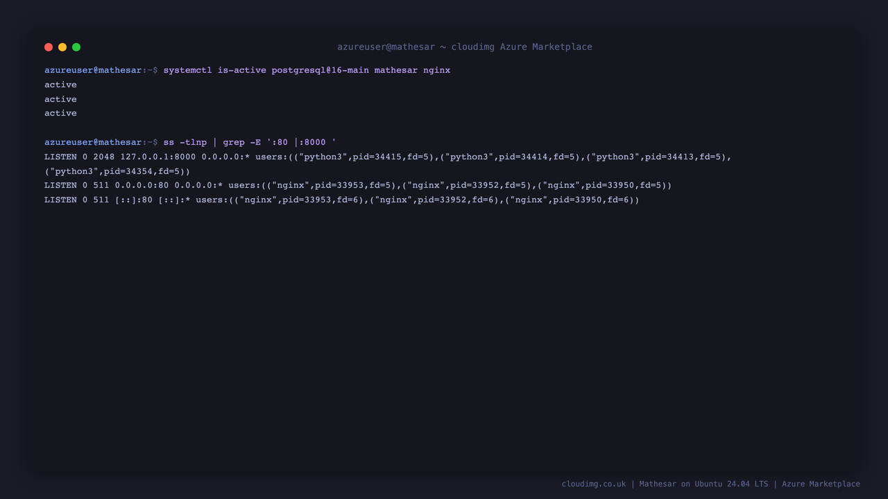 The three Mathesar services reporting active and the listening ports, nginx on 80 and gunicorn on 127.0.0.1:8000