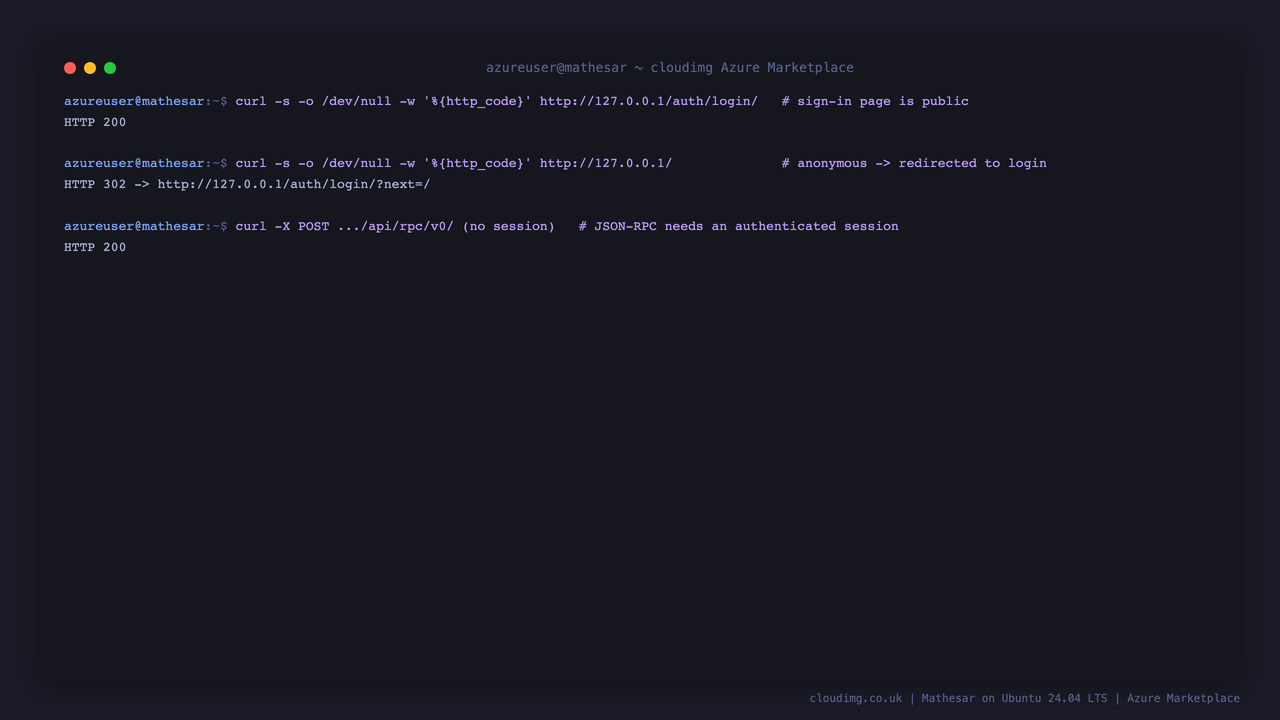 The login page returning 200 and an anonymous request to the application redirected to the login page, the secure default