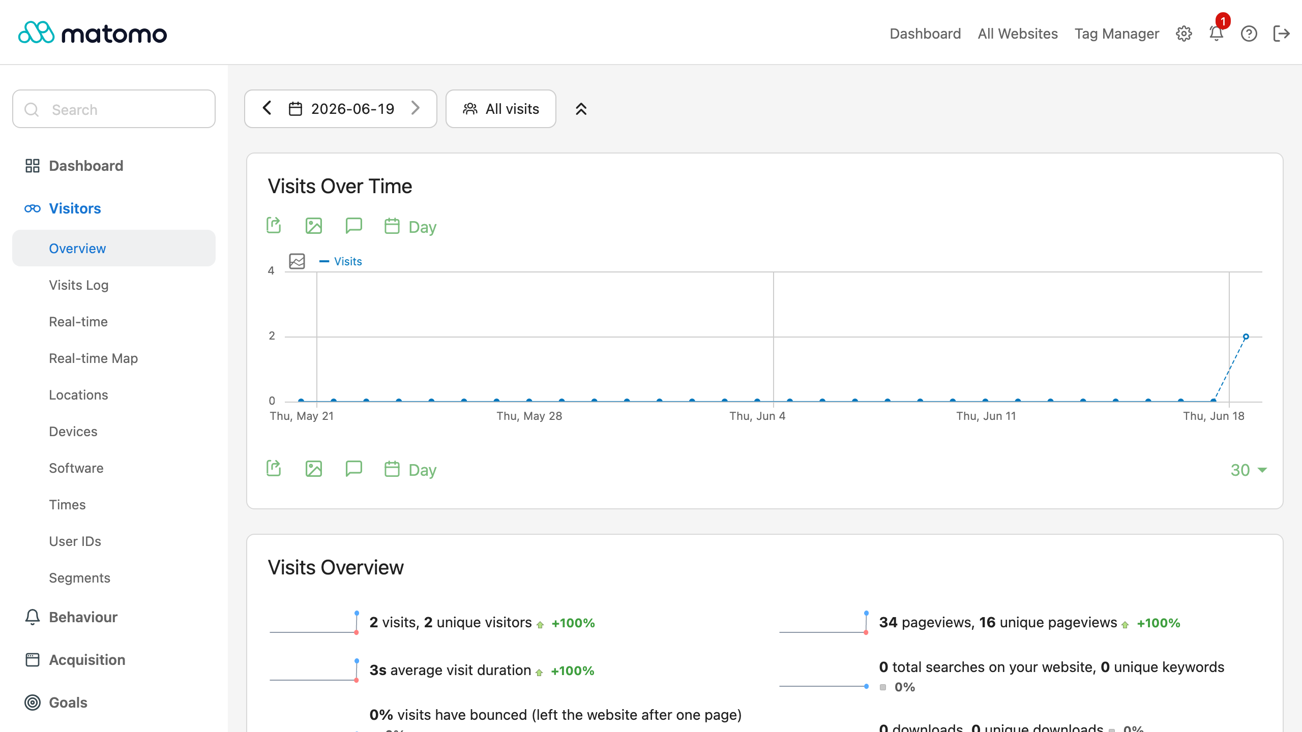 The Matomo Visitors overview with the visits-over-time graph and analytics sparklines