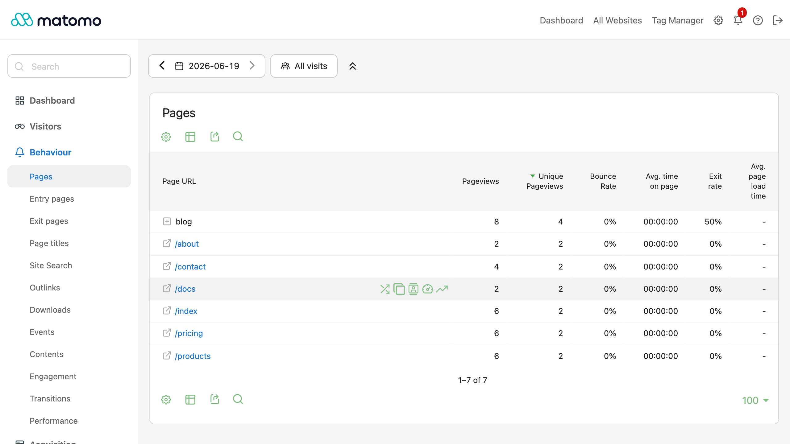 The Matomo Behaviour Pages report listing page views and engagement per URL