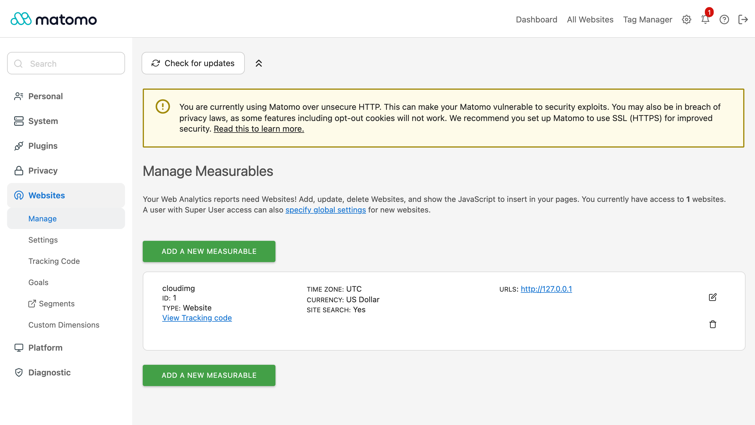 The Matomo Administration Manage Measurables screen for adding websites and opening the tracking code