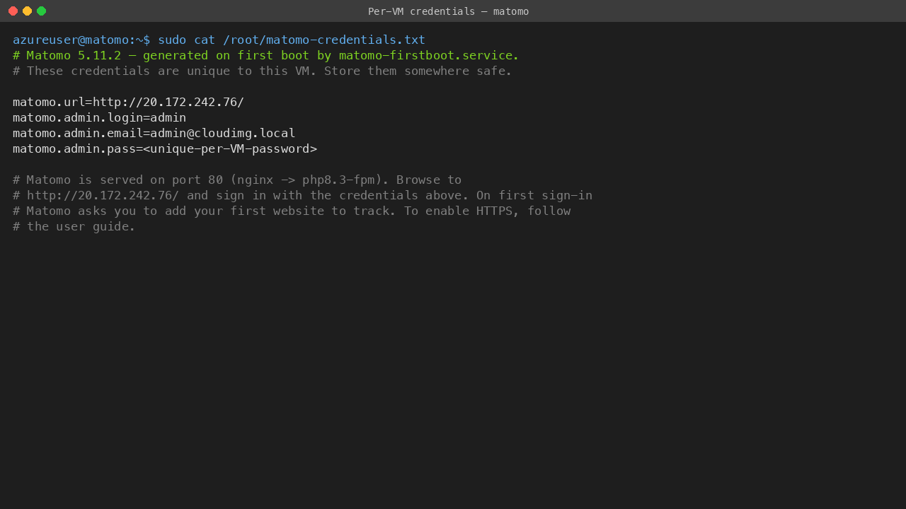 Per-VM Matomo credentials file