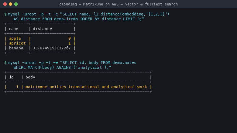 MatrixOne vector similarity search ranking nearest neighbours