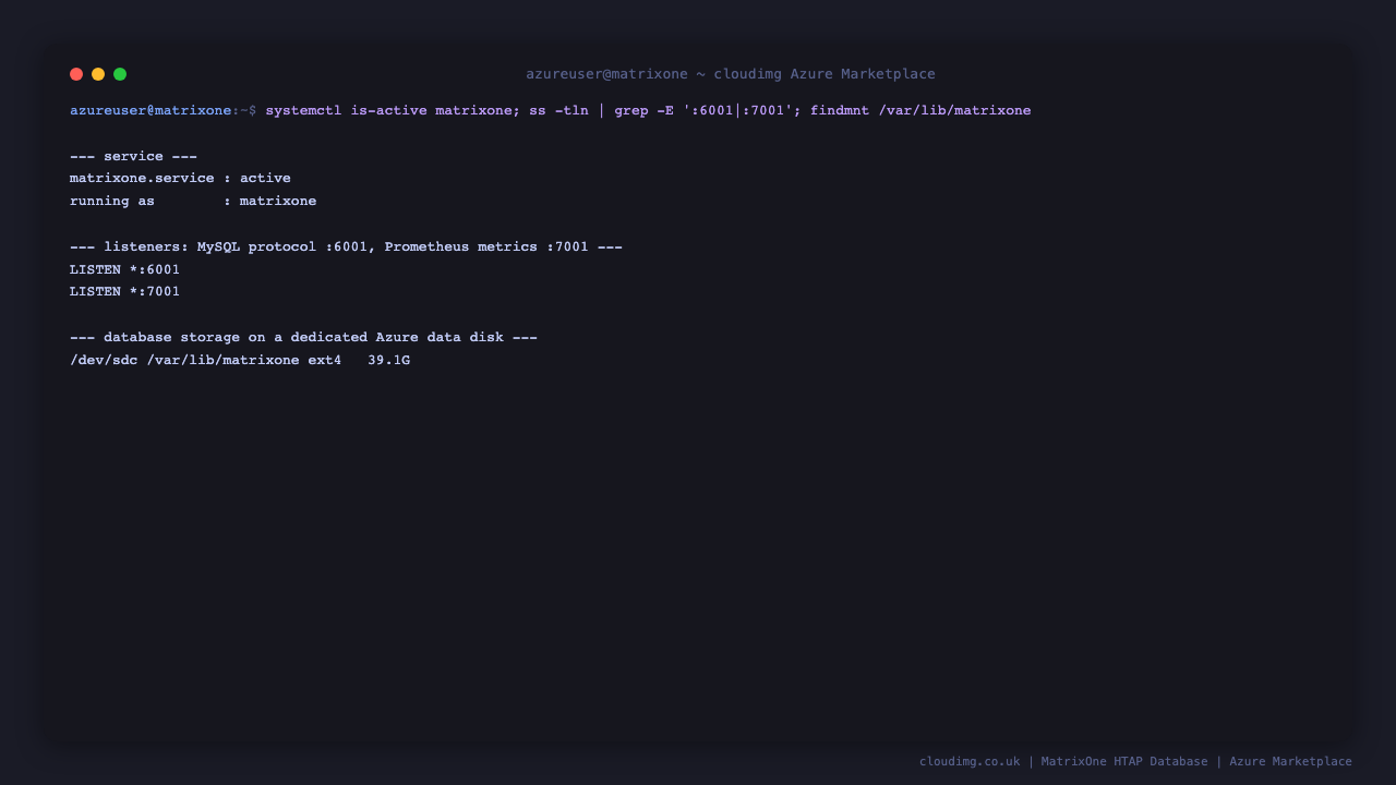 MatrixOne service active and the dedicated data disk mounted