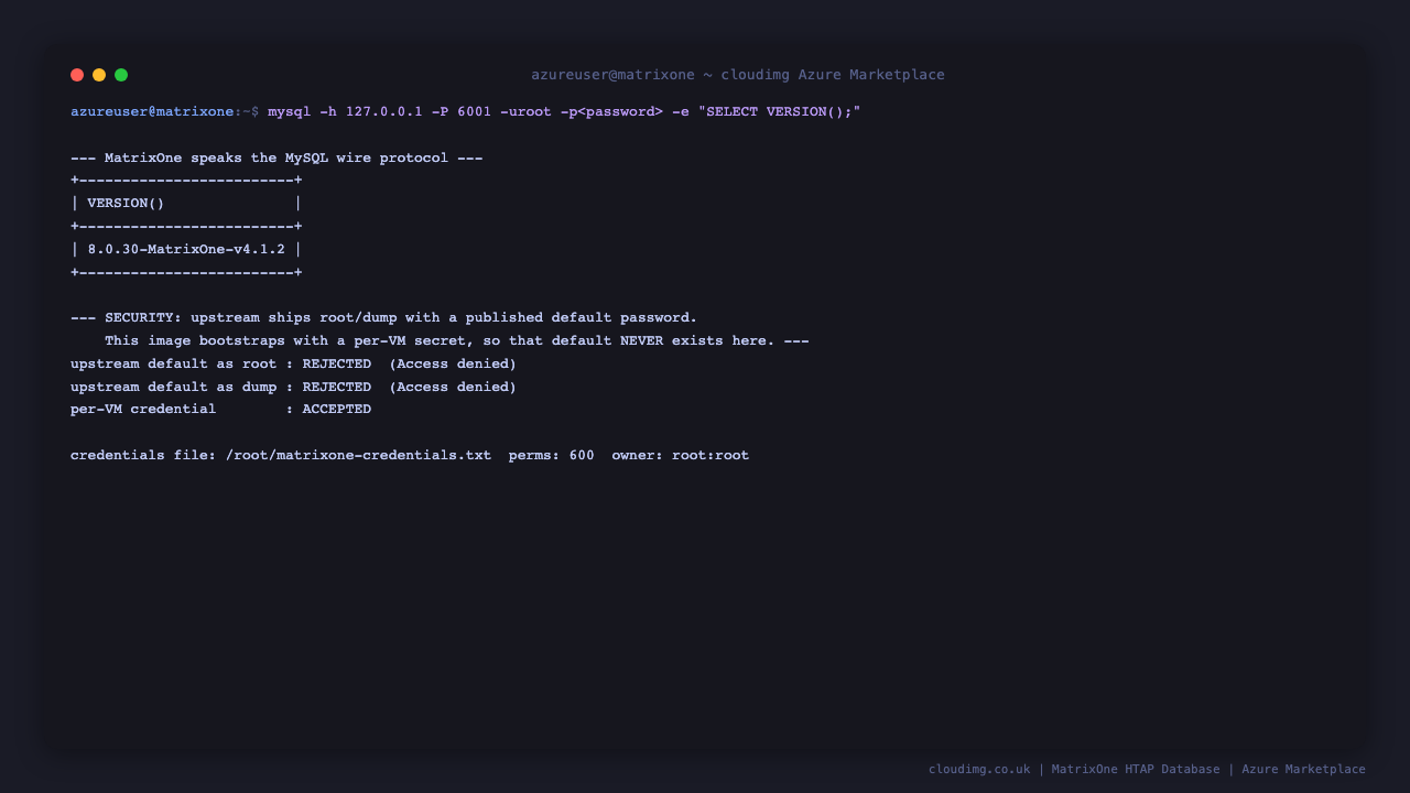 MatrixOne version over the MySQL protocol and a rejected password