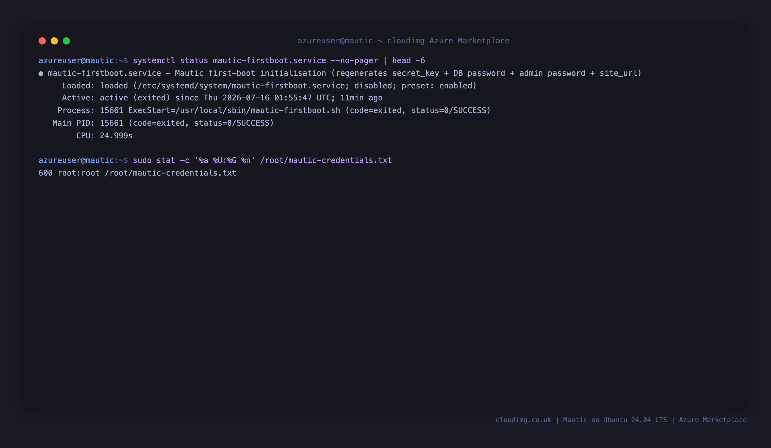 First-boot service and credential file permissions