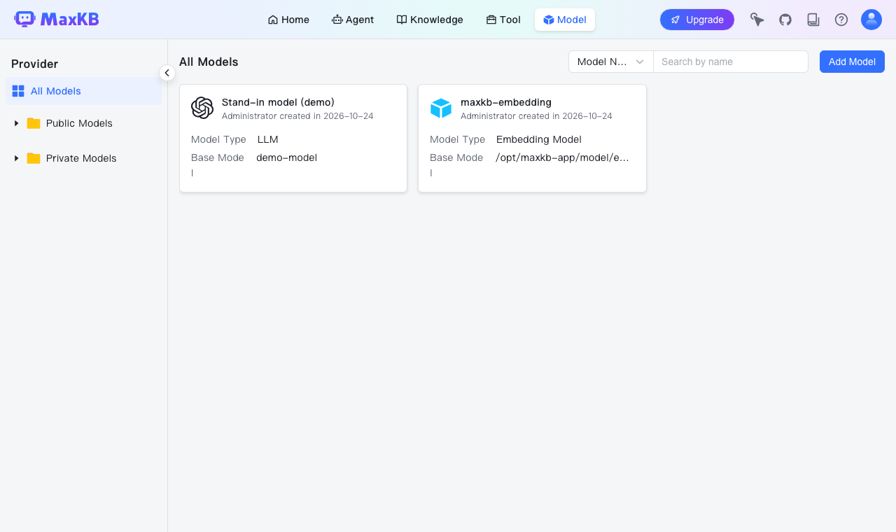 MaxKB's Model page with an OpenAI compatible model added next to the built in maxkb-embedding model