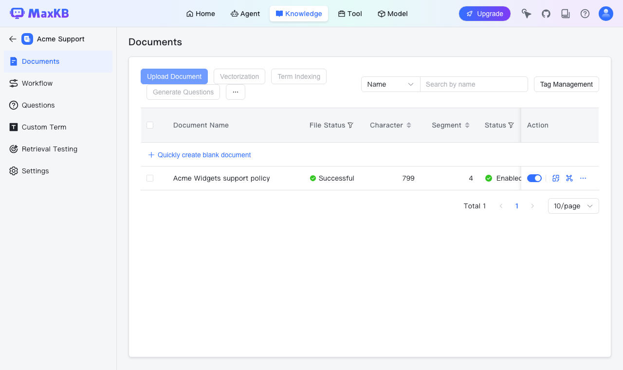 A MaxKB knowledge base with one document split into segments and indexed