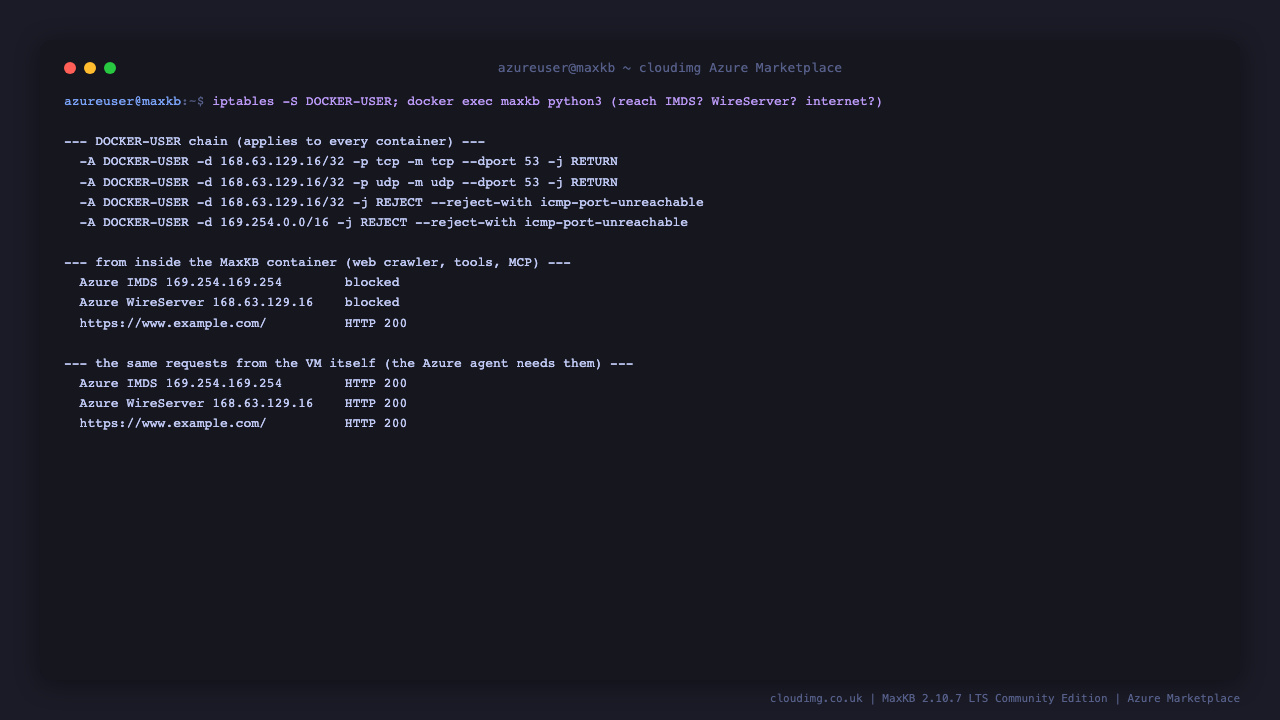 The DOCKER-USER firewall rules, the Azure metadata service and wire server blocked from inside the MaxKB container while the internet is reachable, and both reachable from the VM itself