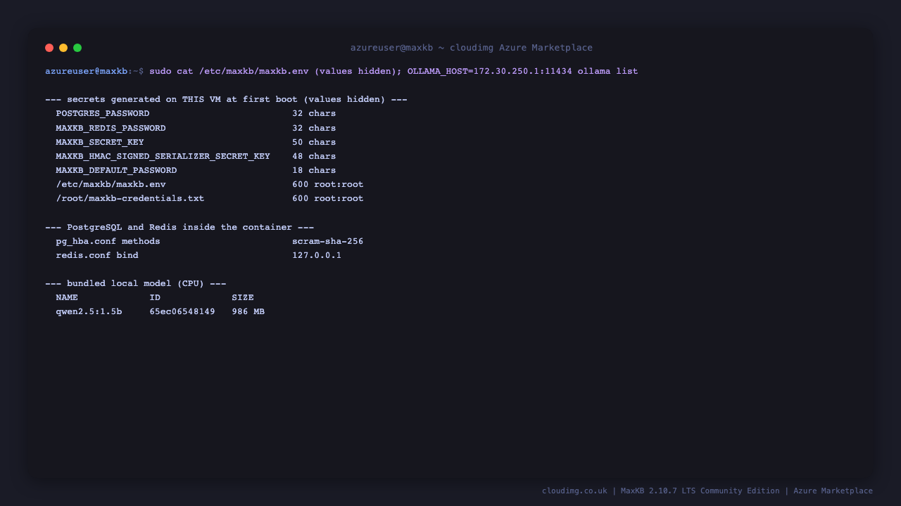 The per-VM secrets with their values hidden, the root-only file modes, PostgreSQL using scram-sha-256 everywhere, Redis bound to loopback, and the bundled qwen2.5 1.5B model