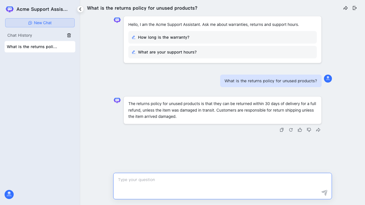 The published agent's public chat page answering an anonymous visitor's question about returns from the knowledge base