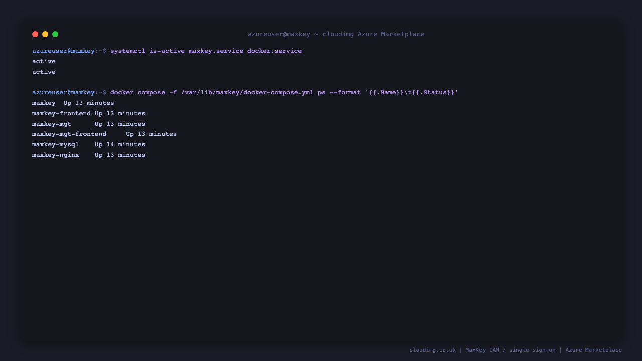MaxKey systemd unit active and all six containers running