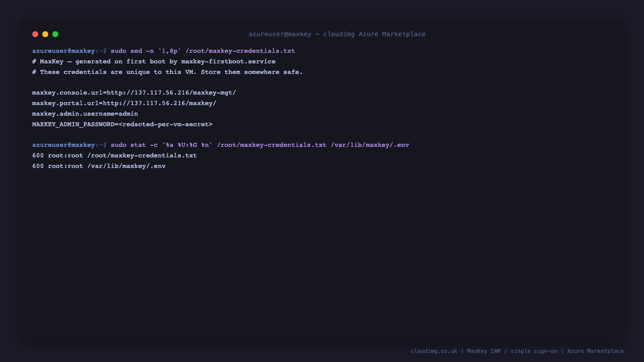 The per-VM admin credentials written on first boot, root-only
