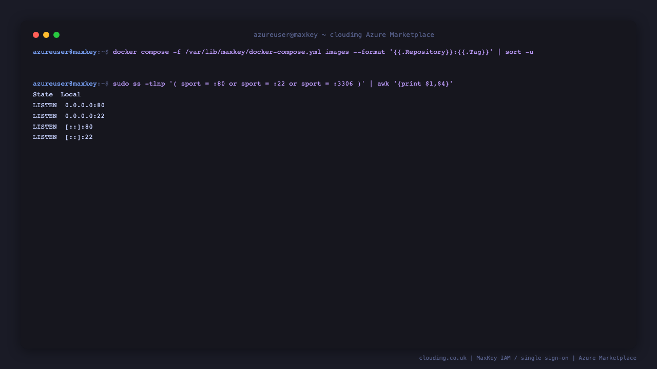 The MaxKey images pinned to 4.1.12 with only SSH and HTTP exposed