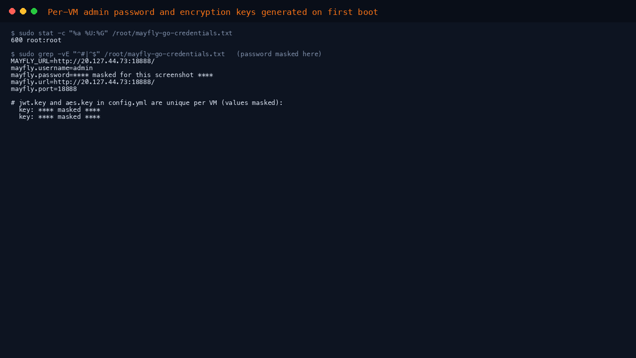 The per-VM Mayfly-Go credentials file with 0600 root-only permissions and the per-VM jwt and aes keys