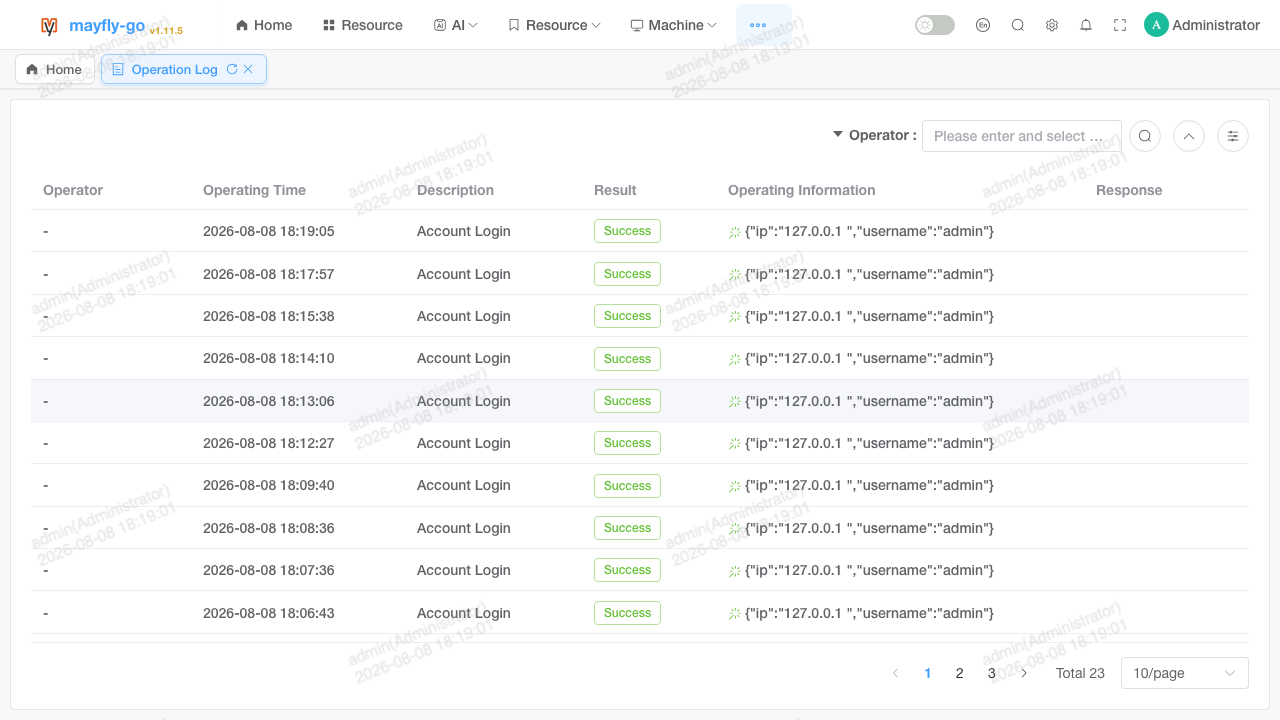 The Mayfly-Go operation log recording each sign in and operation with operator, time, result and source IP