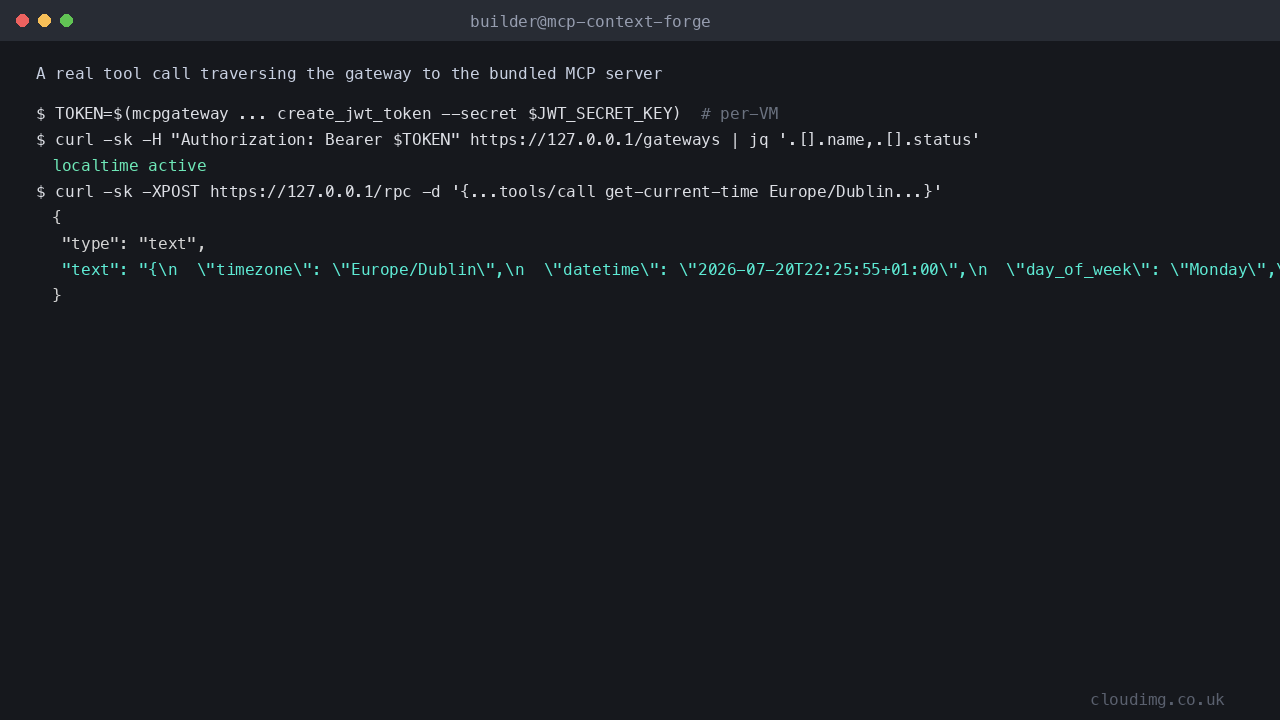 A real tool call traversing the gateway to the bundled MCP server