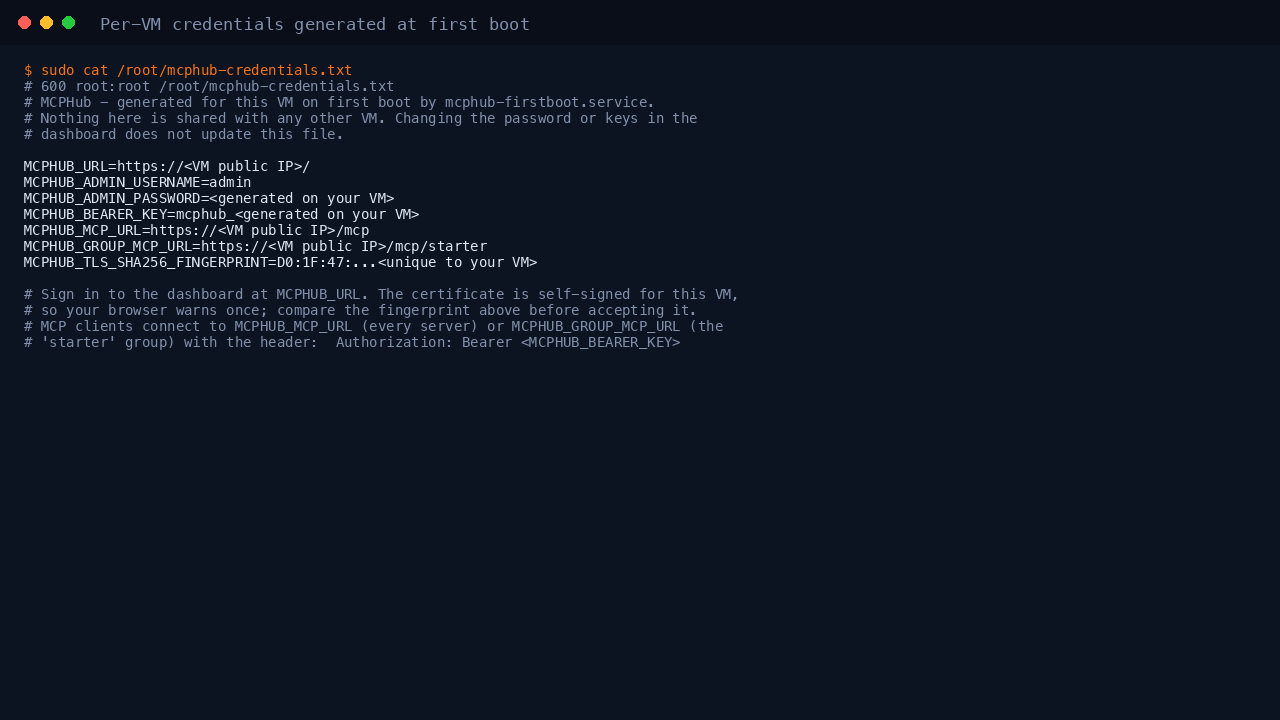 The per VM credentials file, readable only by root, holding the dashboard URL, the admin password, the MCP bearer key, the MCP endpoint URLs and the certificate fingerprint