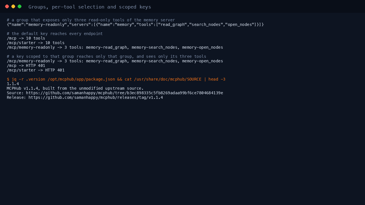 A group exposing three chosen tools, the default key reaching every endpoint, and a key scoped to that group reaching only it