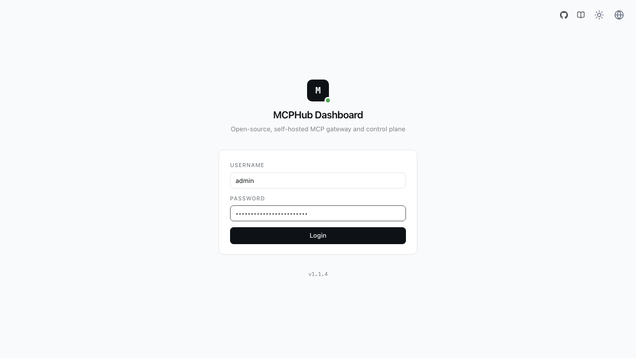 The MCPHub sign in page served over HTTPS by the appliance, with the admin username entered and the password masked