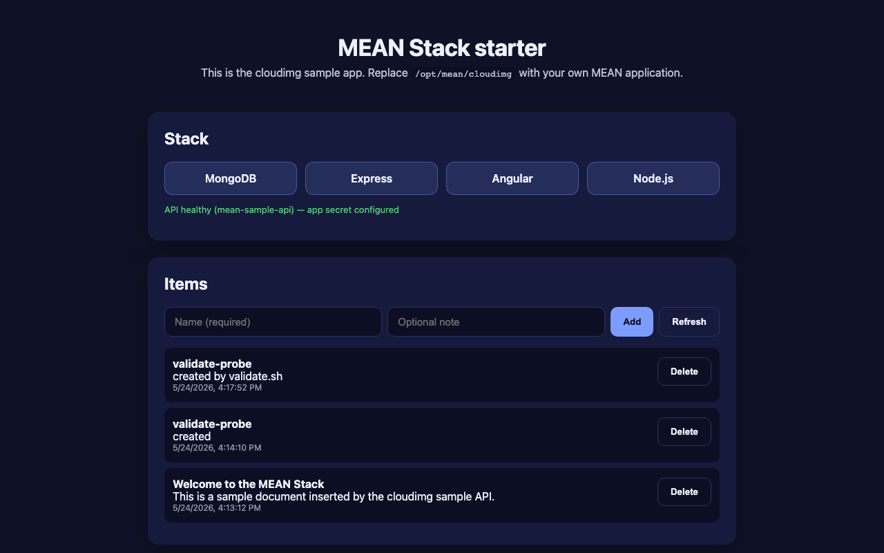 MEAN Stack starter welcome page
