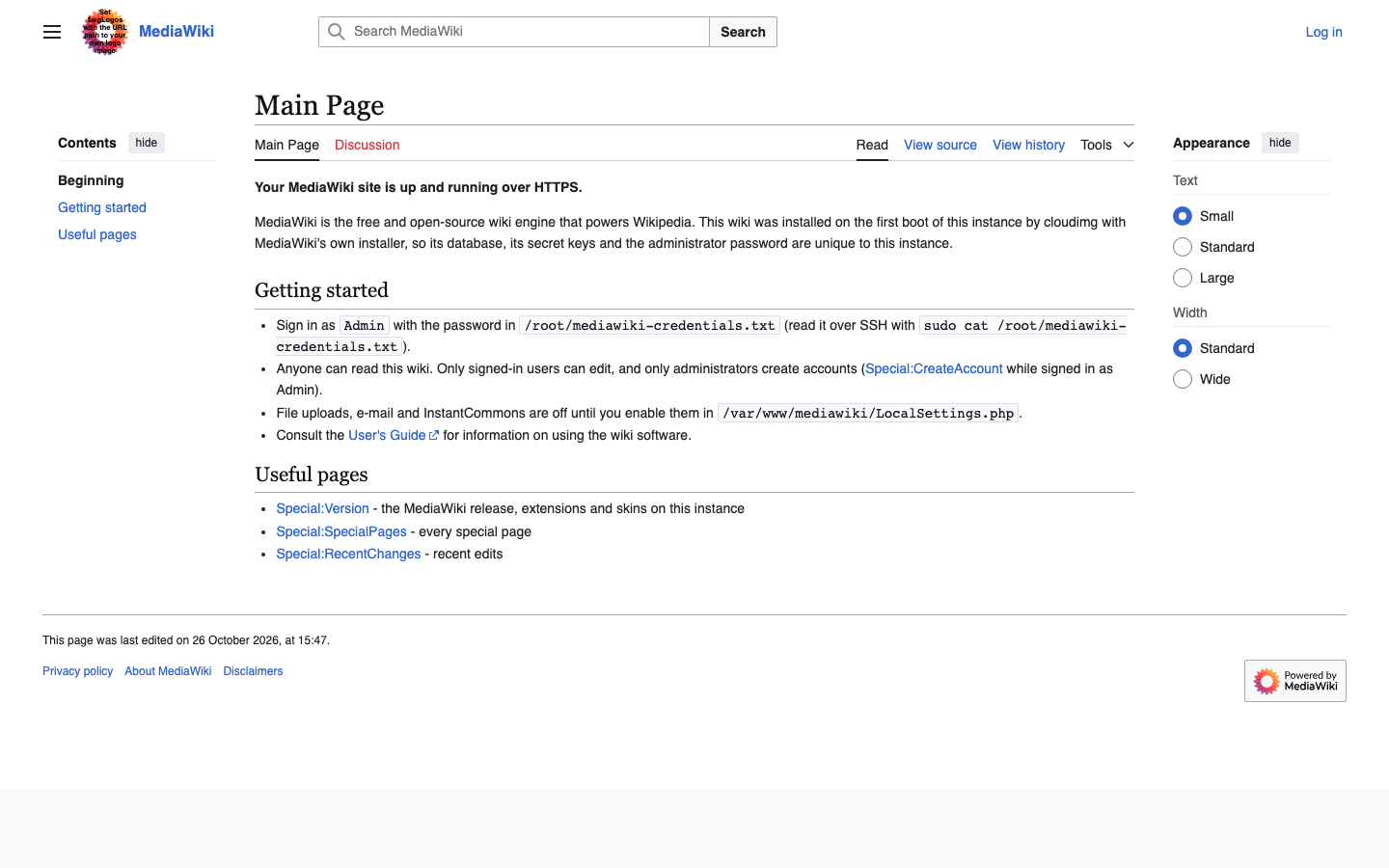 The MediaWiki Main Page in the Vector 2022 skin with the welcome text written on first boot