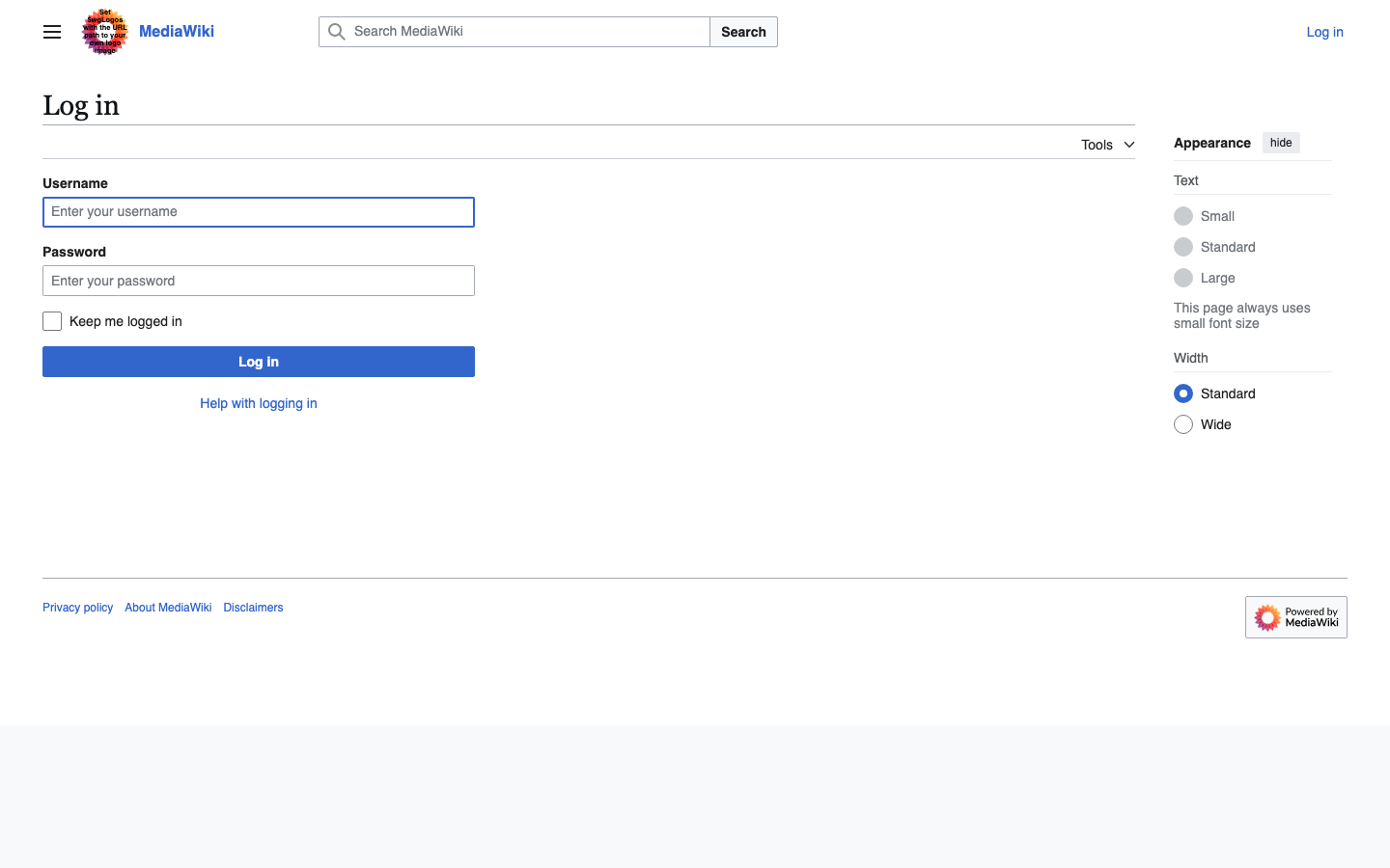 The MediaWiki Log in page with the Username and Password fields
