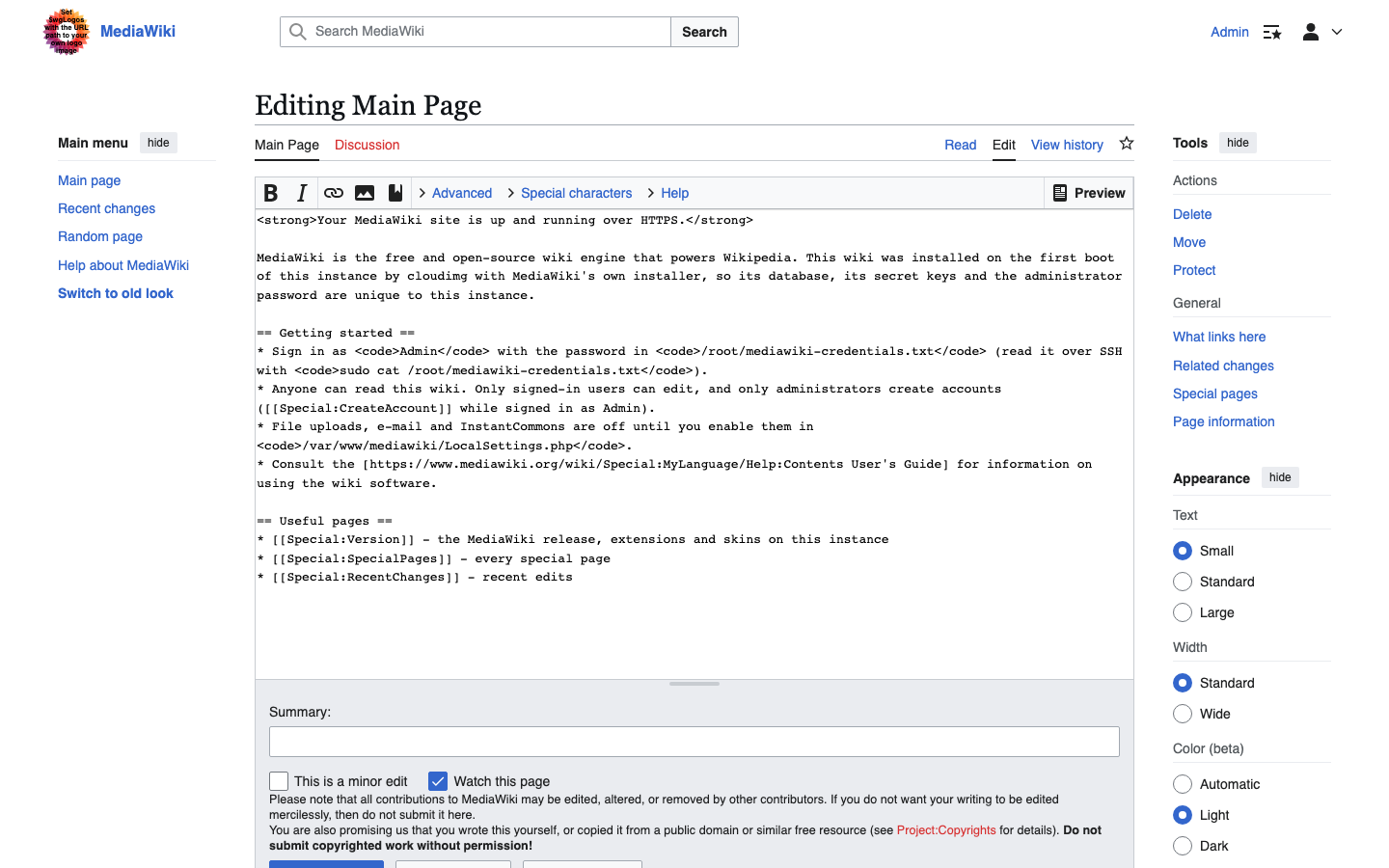 Editing the Main Page with the WikiEditor toolbar, the wikitext and the Preview button