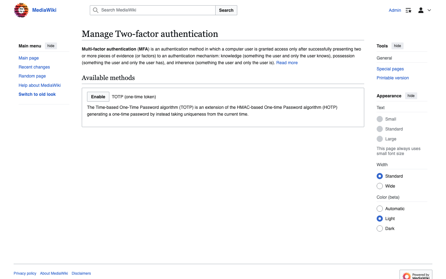 Special:AccountSecurity, where a user enables two-factor authentication with an authenticator app