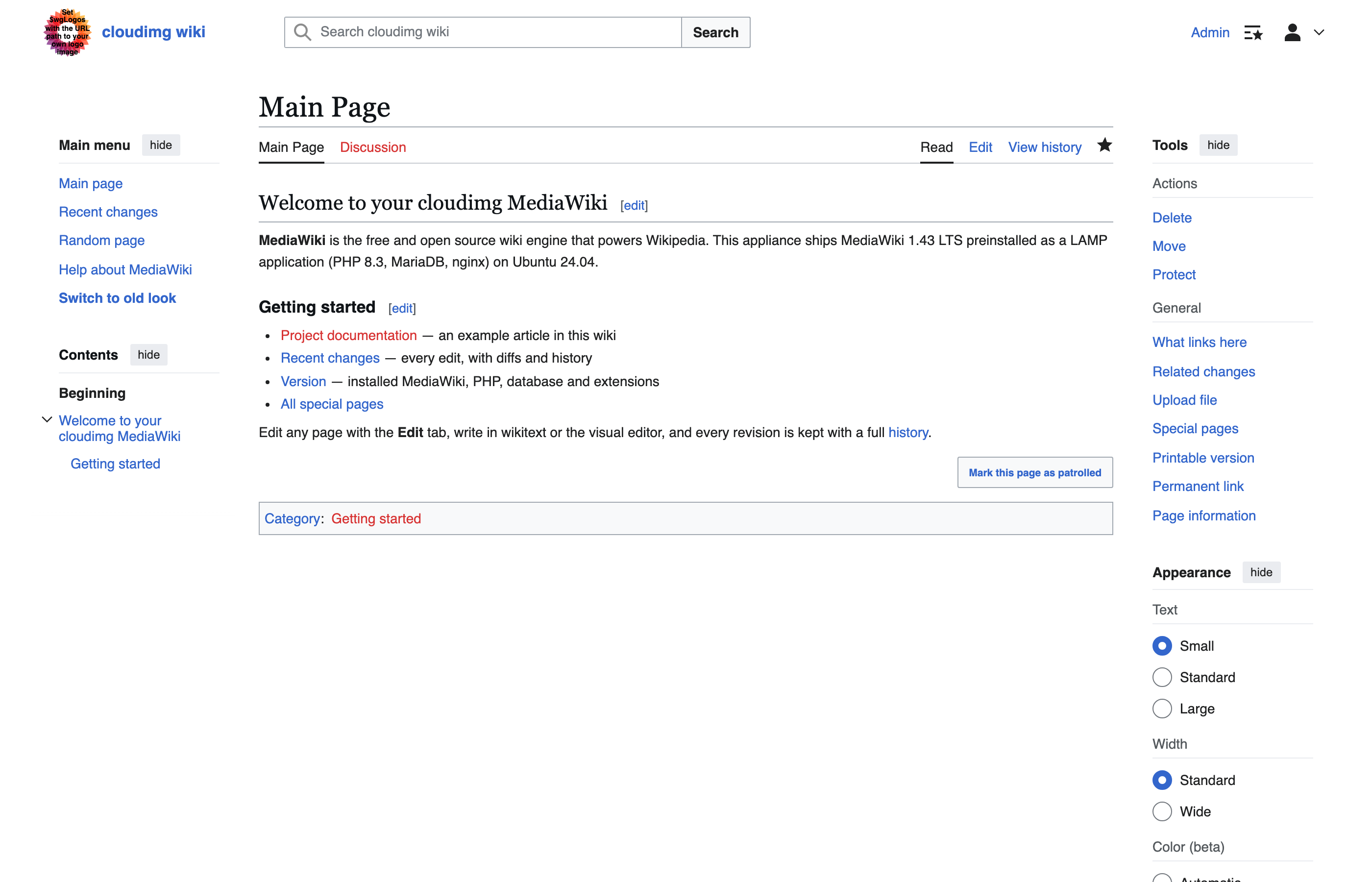 The MediaWiki main page with article content, page tabs and the Tools sidebar after signing in