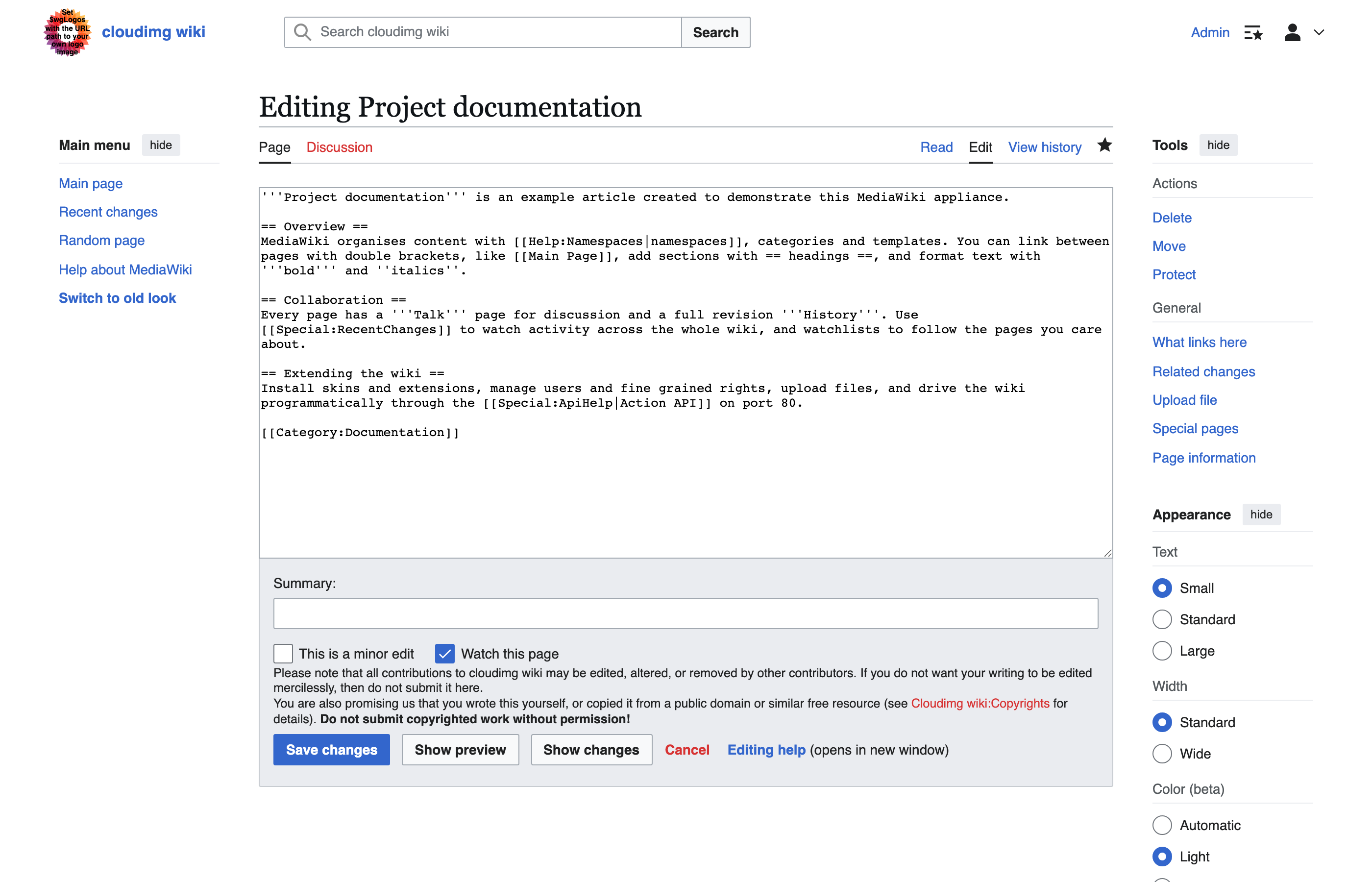 The MediaWiki edit view with the wikitext editor, edit summary and save controls