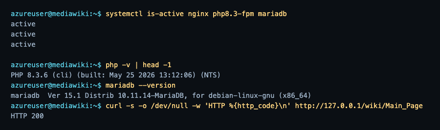 LAMP stack status for MediaWiki on Ubuntu 24.04